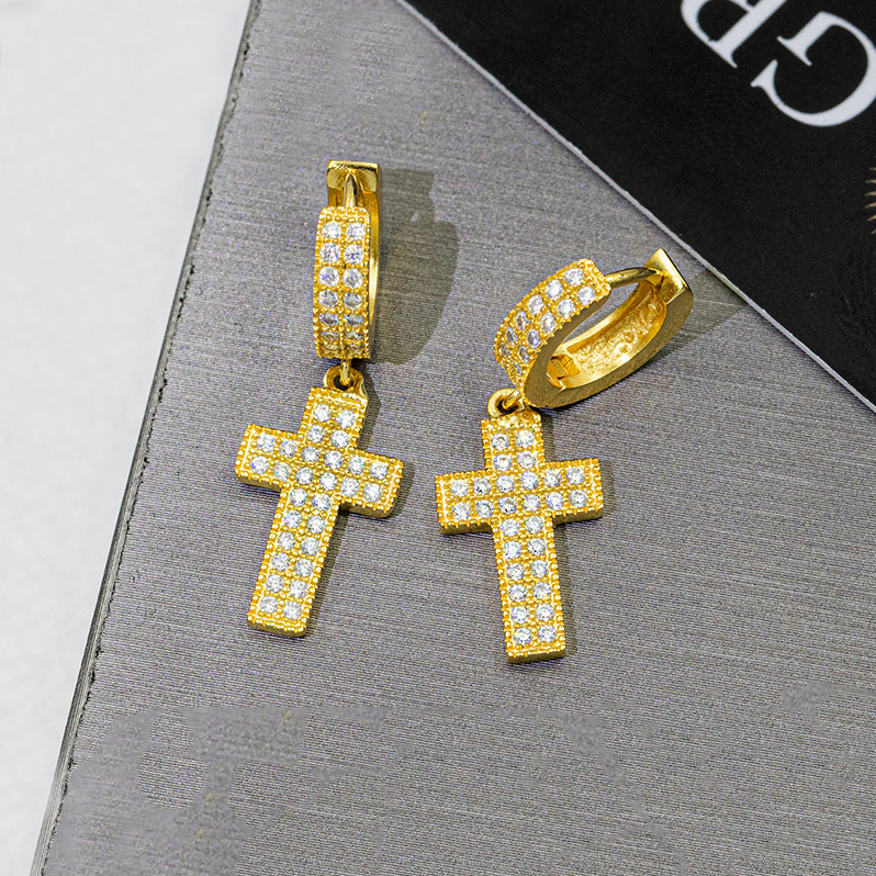 7/11 ICE Silver Moissanite VVS Cross Eardrop Earring for Men Hip Hop Jewelry