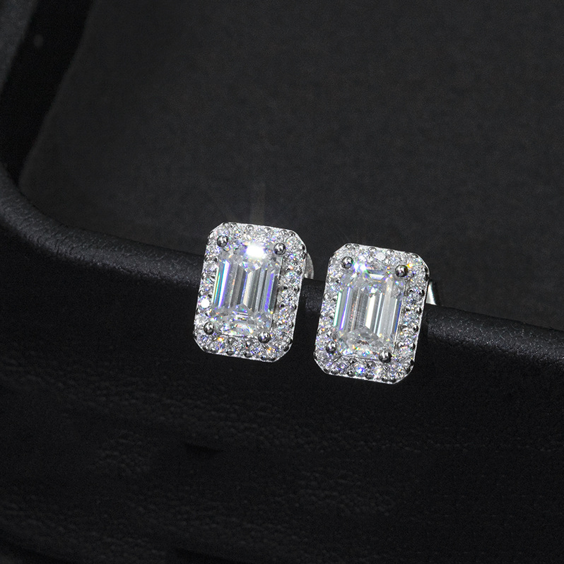 7/11 ICE Silver Moissanite VVS Rectangle Baguette Stud Earring for Men Hip Hop Jewelry