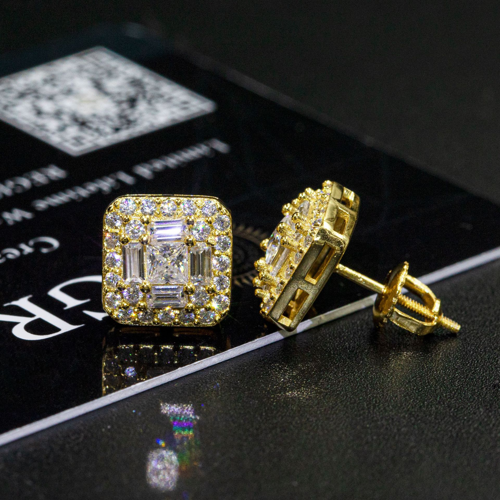 7/11 ICE Silver Moissanite VVS Square Baguette Stud Earring for Men Hip Hop Jewelry