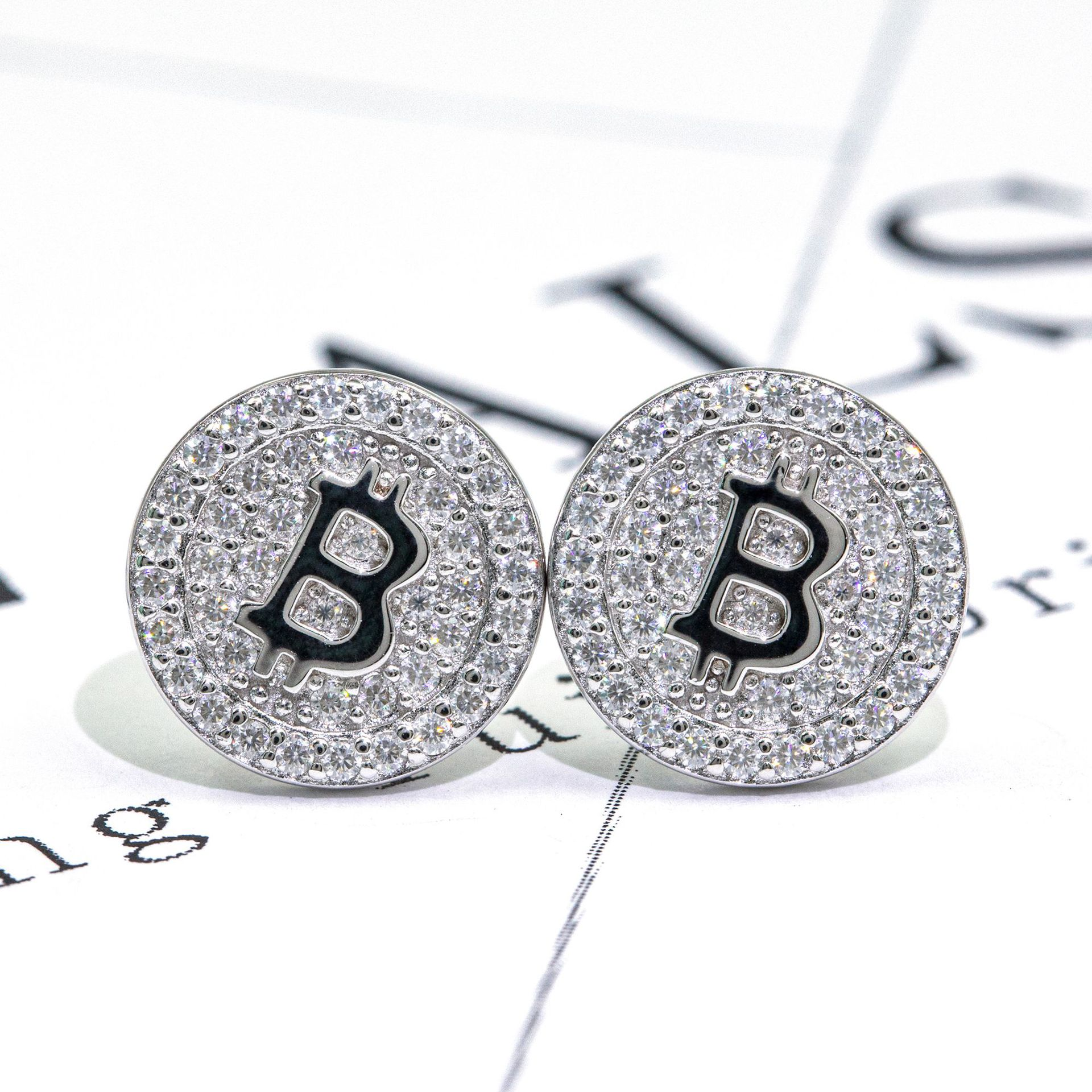 7/11 ICE Silver Moissanite VVS Bitcoin Stud Earring for Men Hip Hop Jewelry