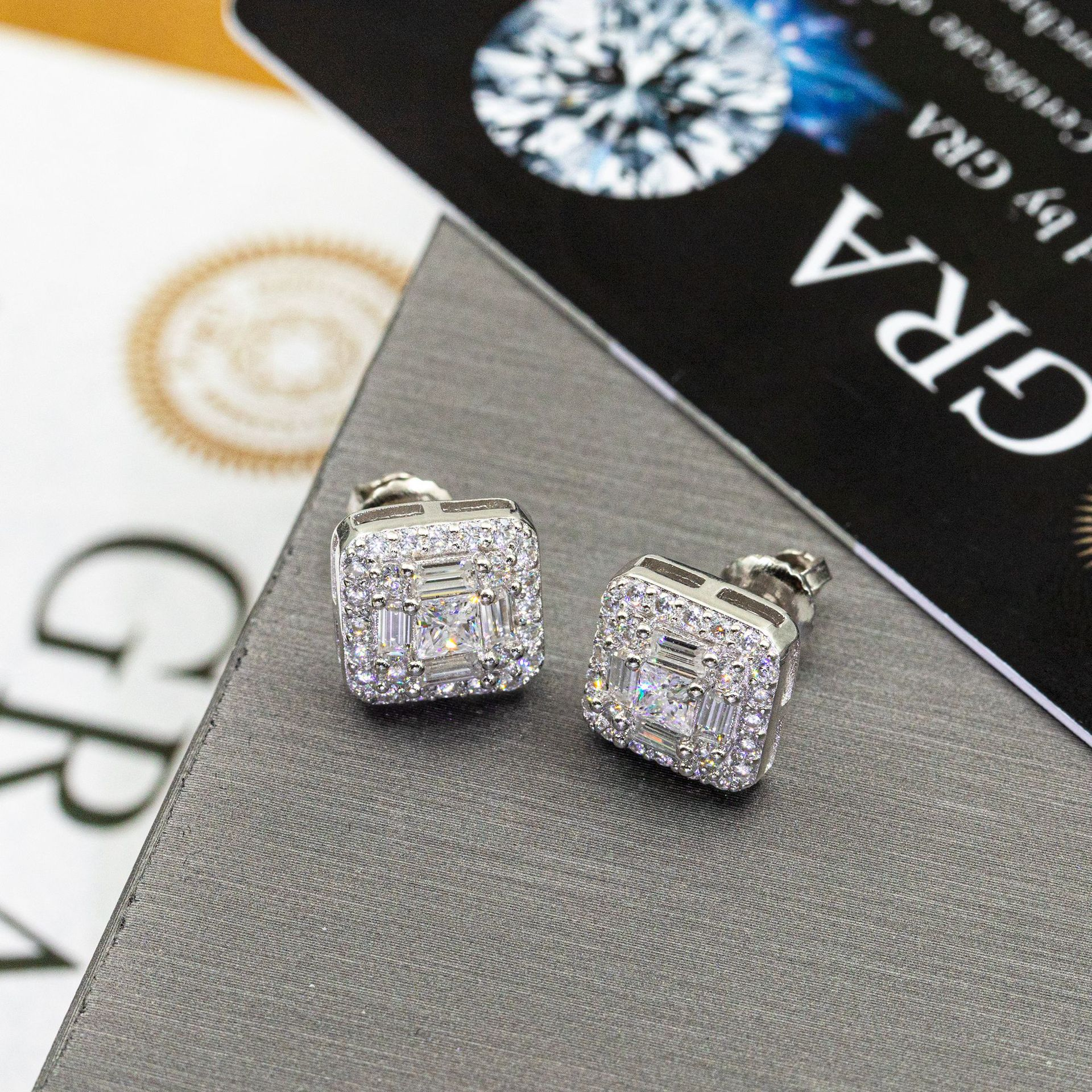 7/11 ICE Silver Moissanite VVS Square Baguette Stud Earring for Men Hip Hop Jewelry