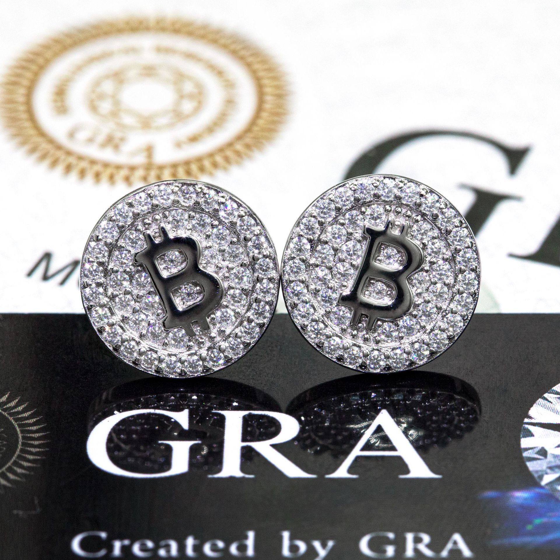 7/11 ICE Silver Moissanite VVS Bitcoin Stud Earring for Men Hip Hop Jewelry