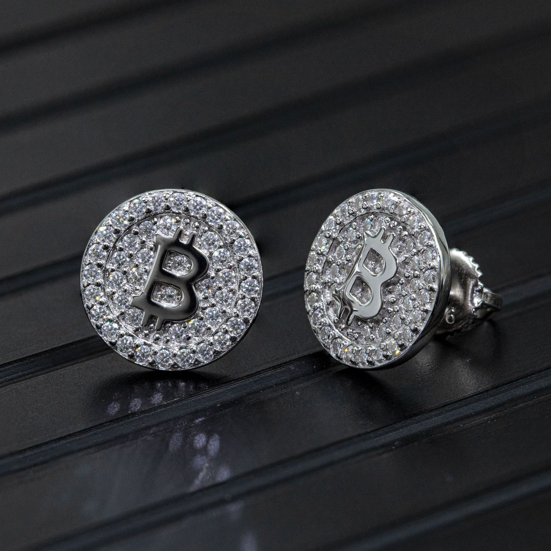 7/11 ICE Silver Moissanite VVS Bitcoin Stud Earring for Men Hip Hop Jewelry