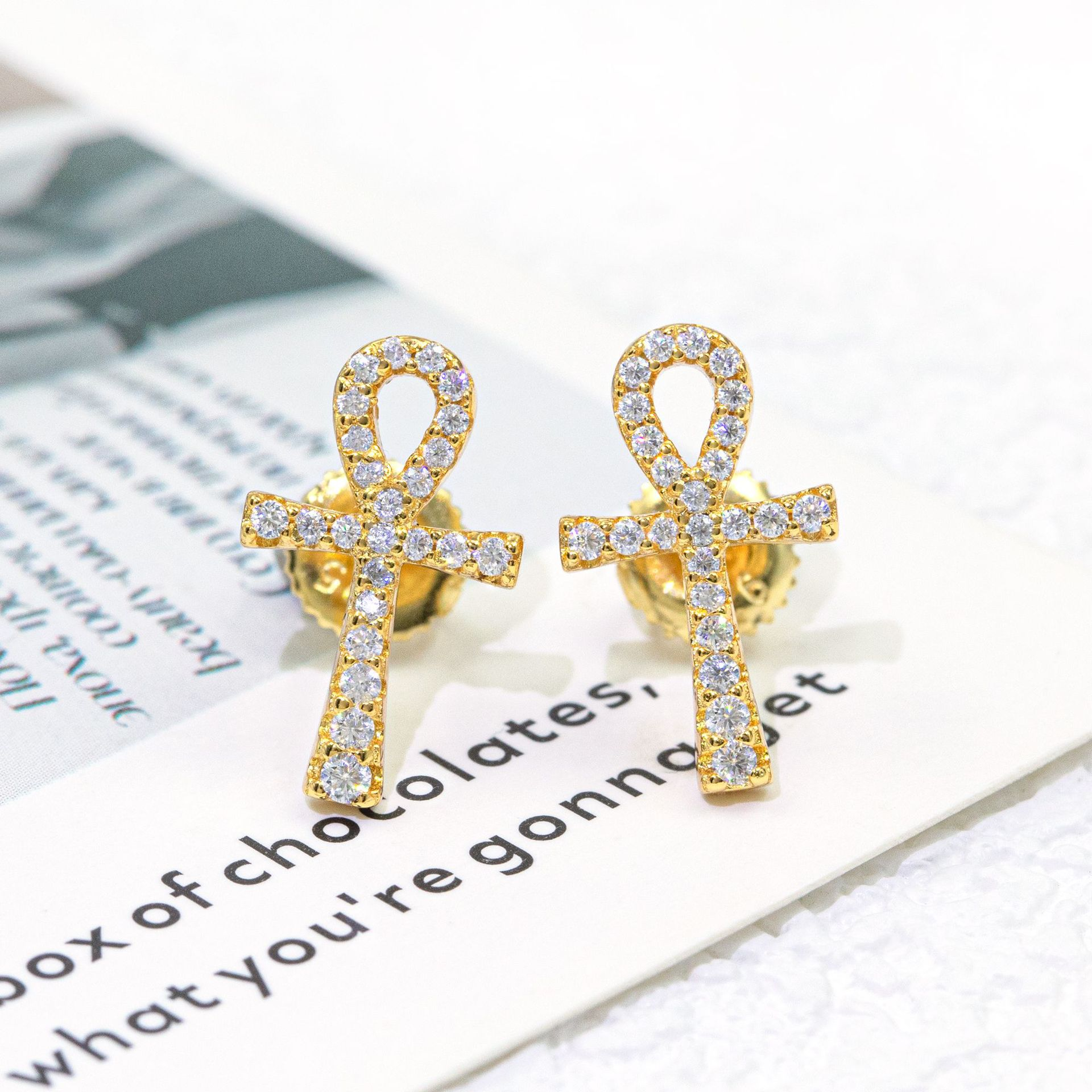 7/11 ICE Silver Moissanite VVS Ankh Cross Stud Earring for Men Hip Hop Jewelry