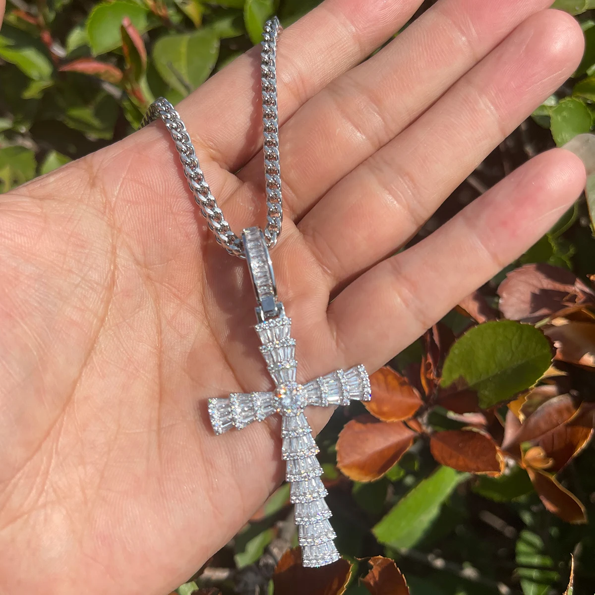 7/11 ICE Baguette Cross Necklace for Women Cubic Zirconia Real Copper Gold Plated Hip Hop Jewelry