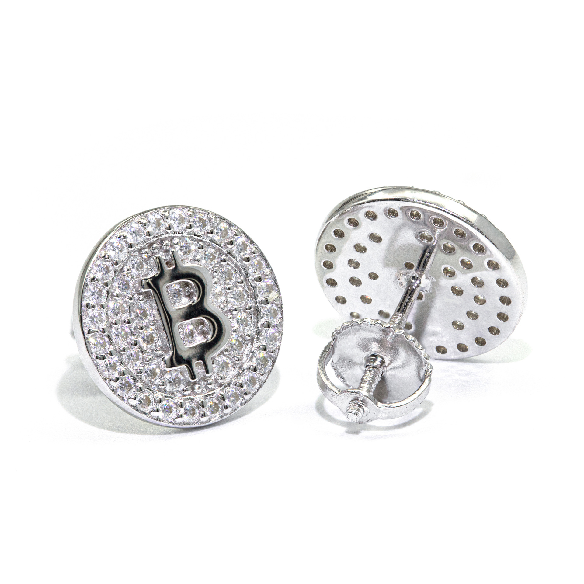 7/11 ICE Silver Moissanite VVS Bitcoin Stud Earring for Men Hip Hop Jewelry