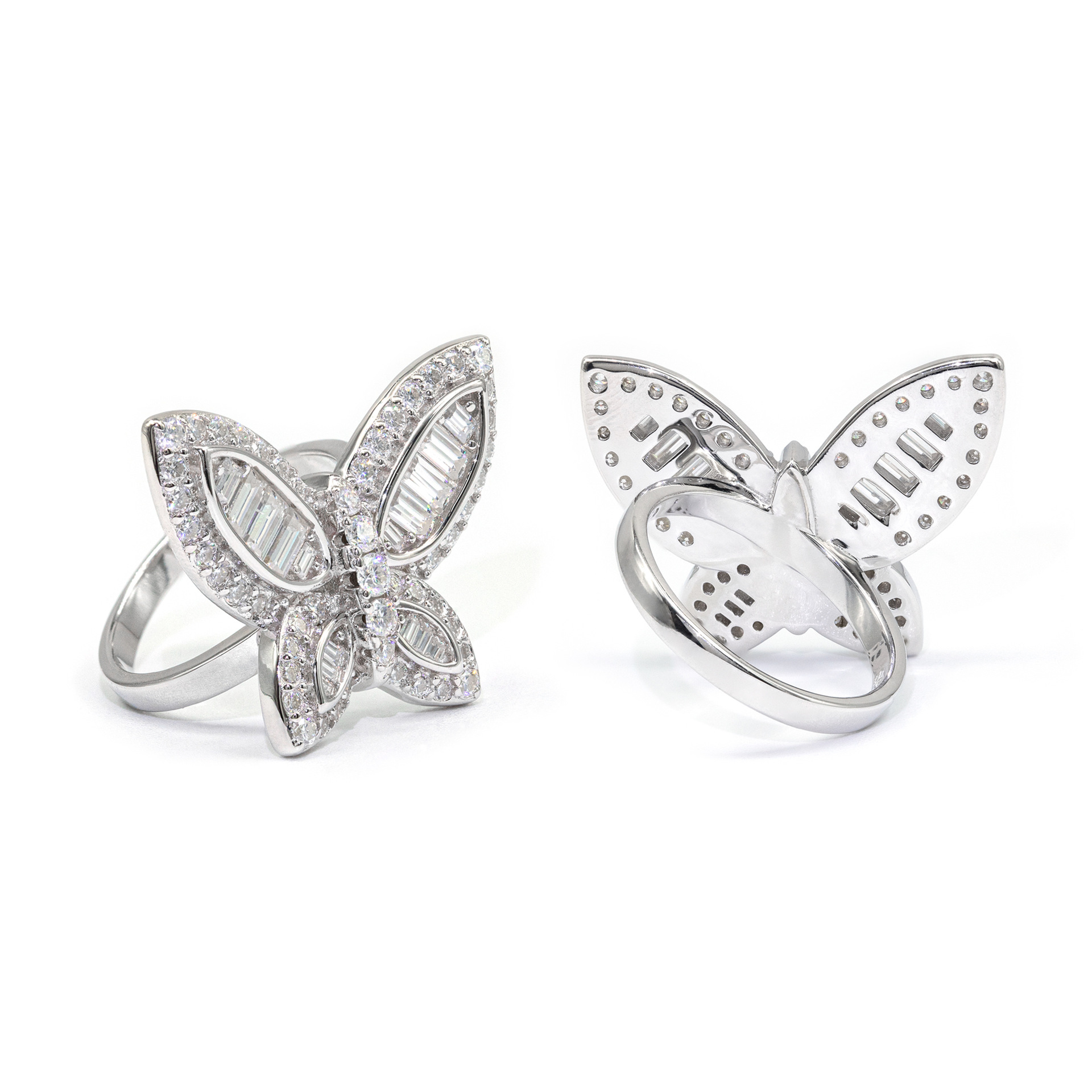 7/11 ICE Silver Moissanite VVS Baguette Butterfly for Women Hip Hop Jewelry