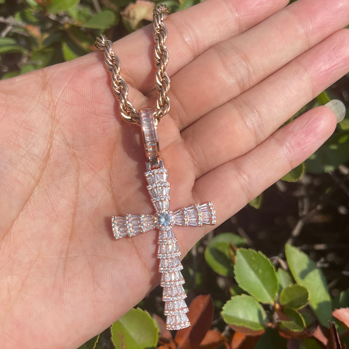 7/11 ICE Baguette Cross Necklace for Women Cubic Zirconia Real Copper Gold Plated Hip Hop Jewelry