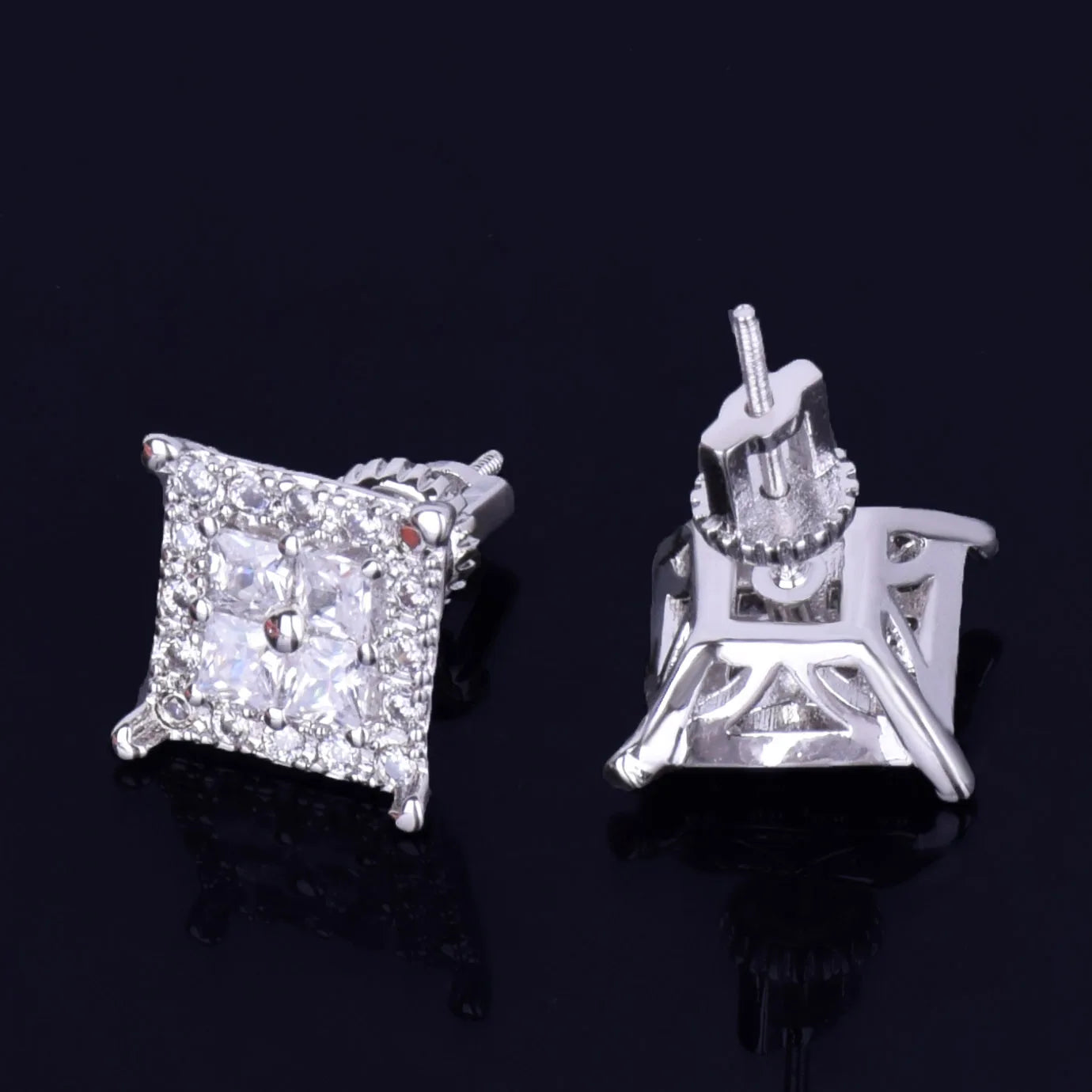 7/11 ICE 12MM Square Baguette Zircon Stud Earring Silver Color Charm Screw Back Women Men's Earrings Fashion Hip Hop Jewelry