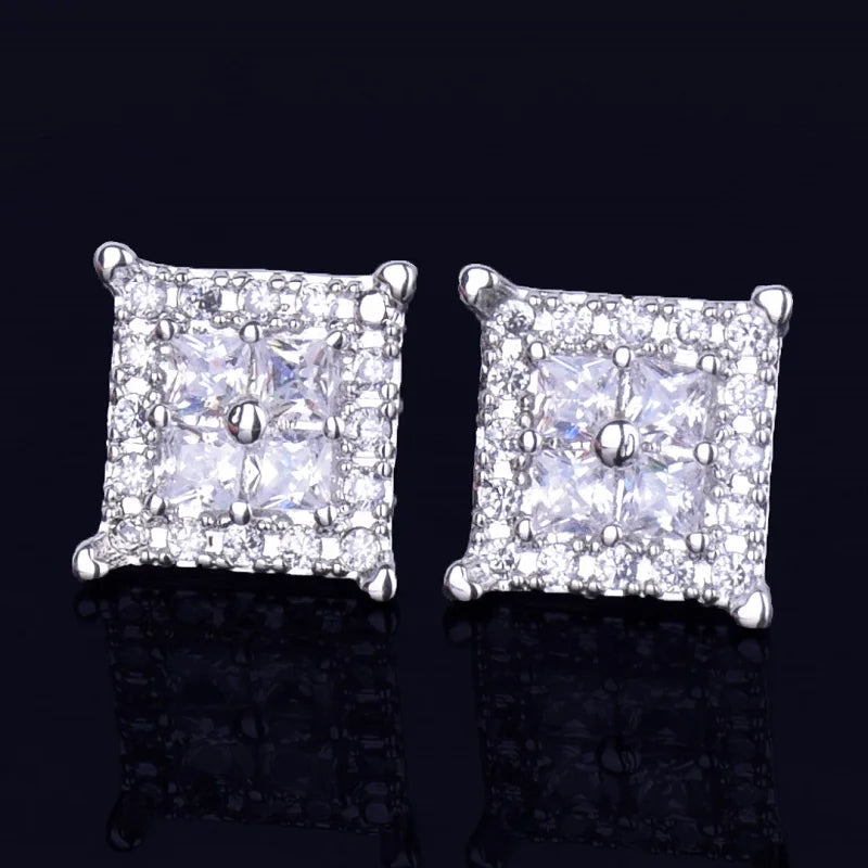 7/11 ICE 12MM Square Baguette Zircon Stud Earring Silver Color Charm Screw Back Women Men's Earrings Fashion Hip Hop Jewelry