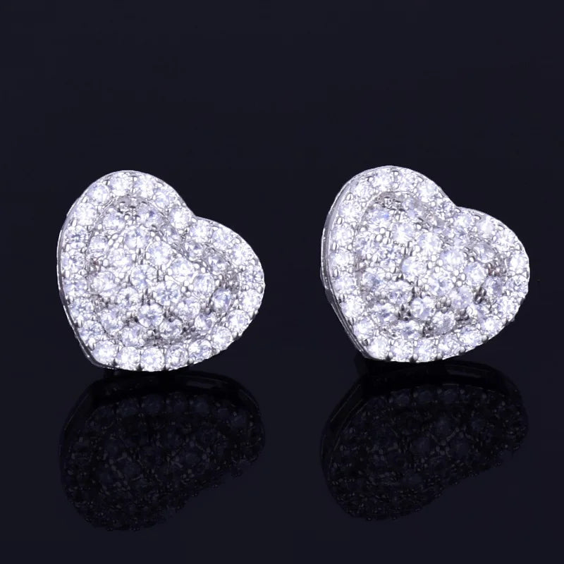 7/11 ICE Heart-shaped Earring White Color Full Cubic Zircon Women Fashion Hip Hop Jewelry for Gift 14MM