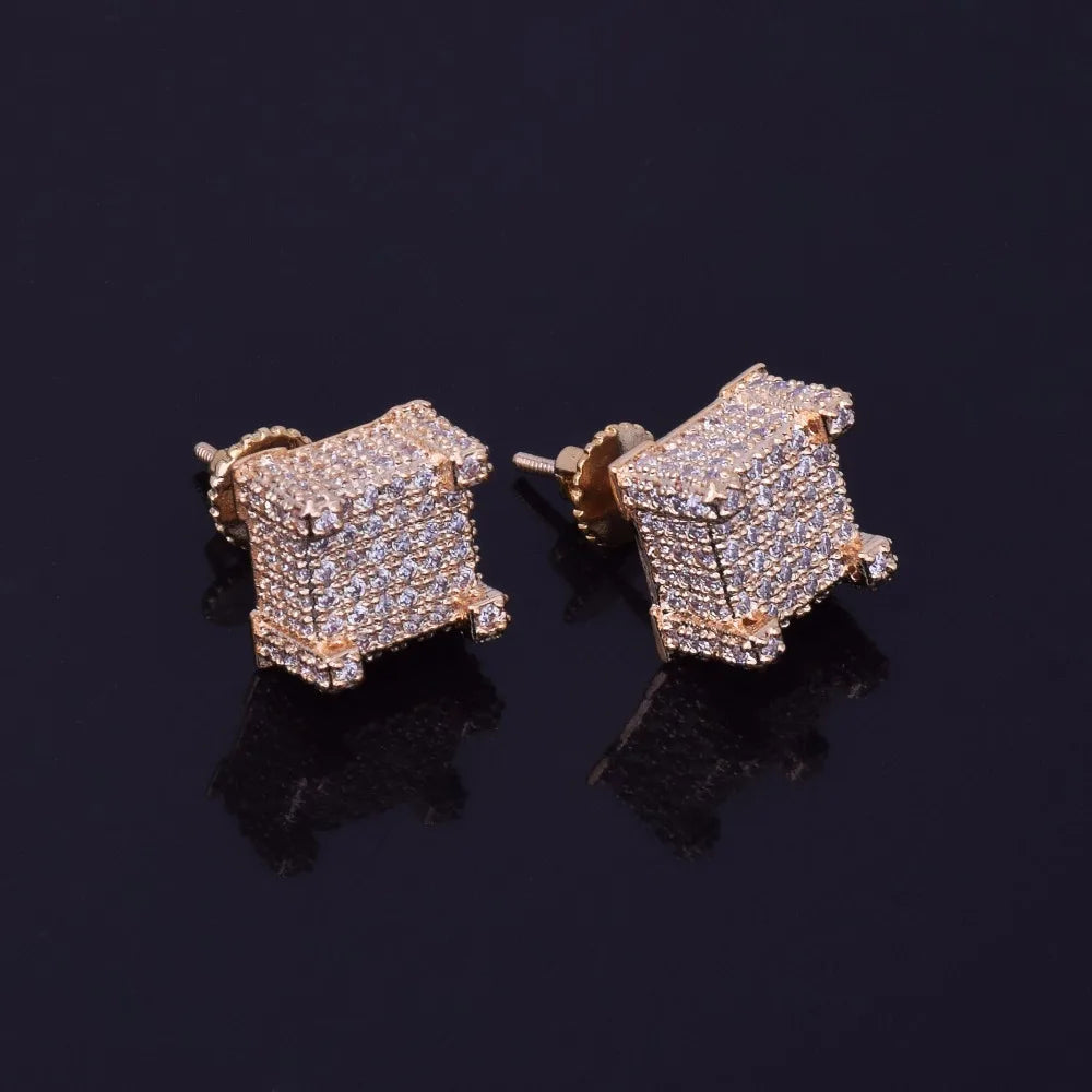 7/11 ICE 10x10mm Mens Zircon Earring Hip hop style Copper Material Iced Bling CZ Square Stud Earrings Screw-back Fashion Jewelry