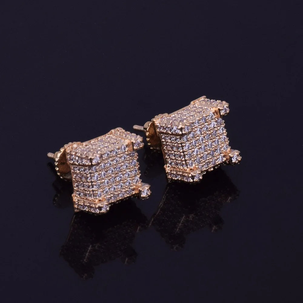 7/11 ICE 10x10mm Mens Zircon Earring Hip hop style Copper Material Iced Bling CZ Square Stud Earrings Screw-back Fashion Jewelry