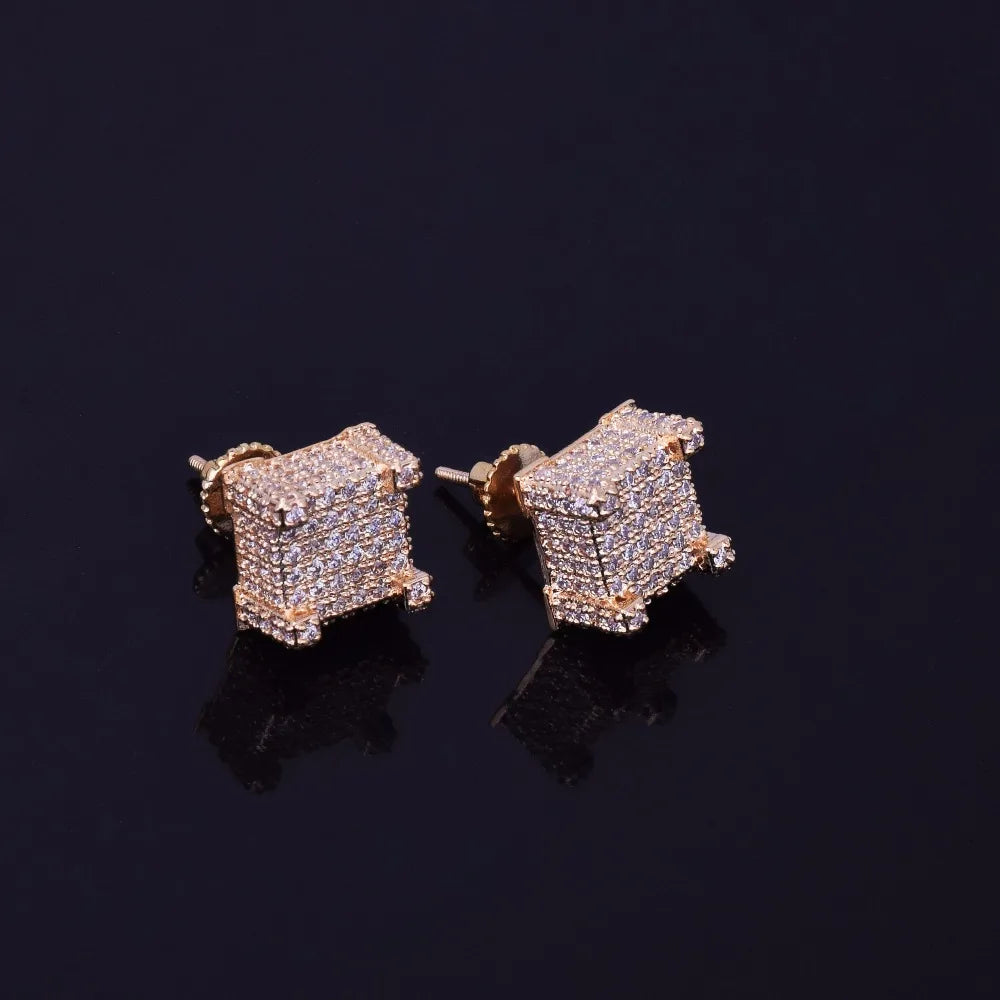 7/11 ICE 10x10mm Mens Zircon Earring Hip hop style Copper Material Iced Bling CZ Square Stud Earrings Screw-back Fashion Jewelry