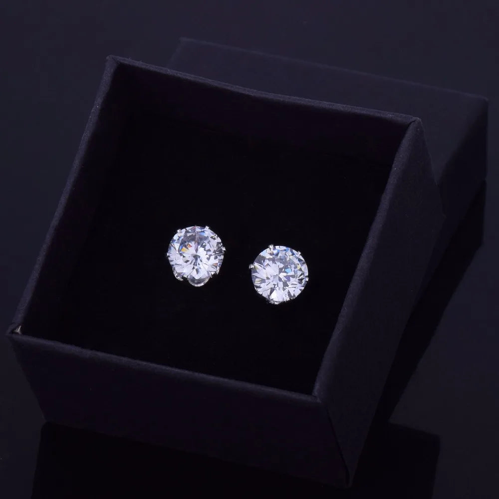 7/11 ICE 6mm/8mm AAA Zircon CZ Round Stud Earrings Hip hop Jewelry Men Copper Material Iced Bling Push-back