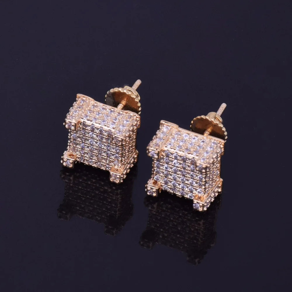 7/11 ICE 10x10mm Mens Zircon Earring Hip hop style Copper Material Iced Bling CZ Square Stud Earrings Screw-back Fashion Jewelry