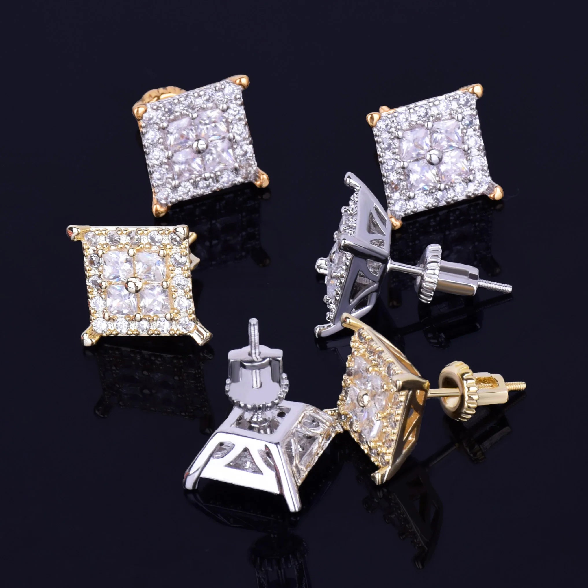 7/11 ICE 12MM Square Baguette Zircon Stud Earring Silver Color Charm Screw Back Women Men's Earrings Fashion Hip Hop Jewelry