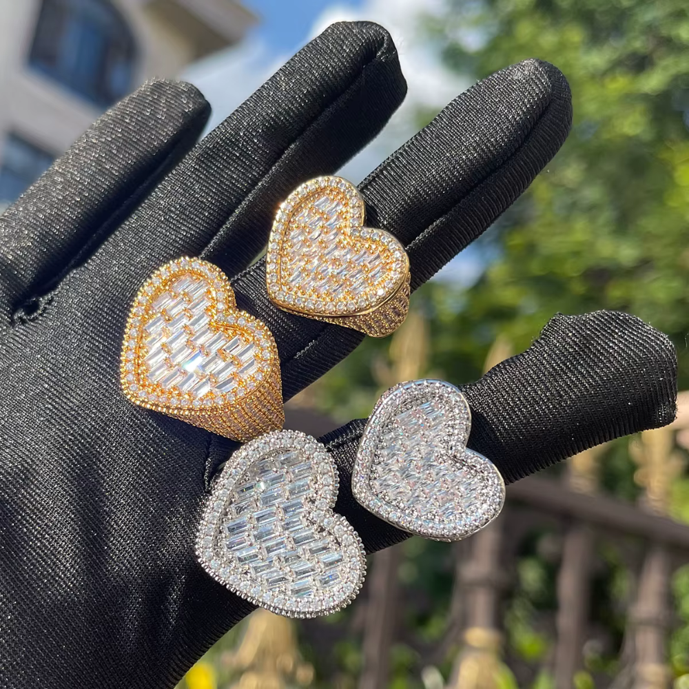 7/11 ICE Baguette Heart Ring for Women Iced Out Charms for Fingers Prong Setting Micro Pave Real Copper Hip Hop Jewelry