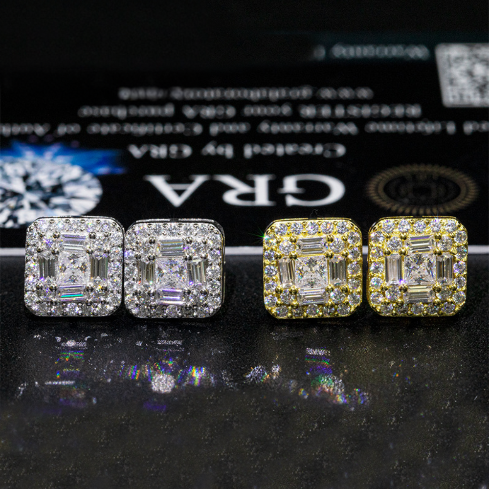 7/11 ICE Silver Moissanite VVS Square Baguette Stud Earring for Men Hip Hop Jewelry