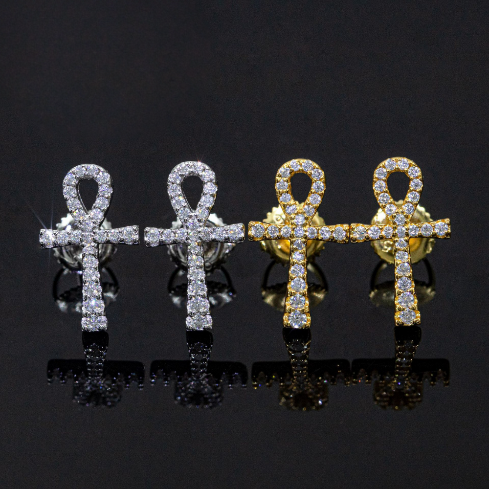 7/11 ICE Silver Moissanite VVS Ankh Cross Stud Earring for Men Hip Hop Jewelry