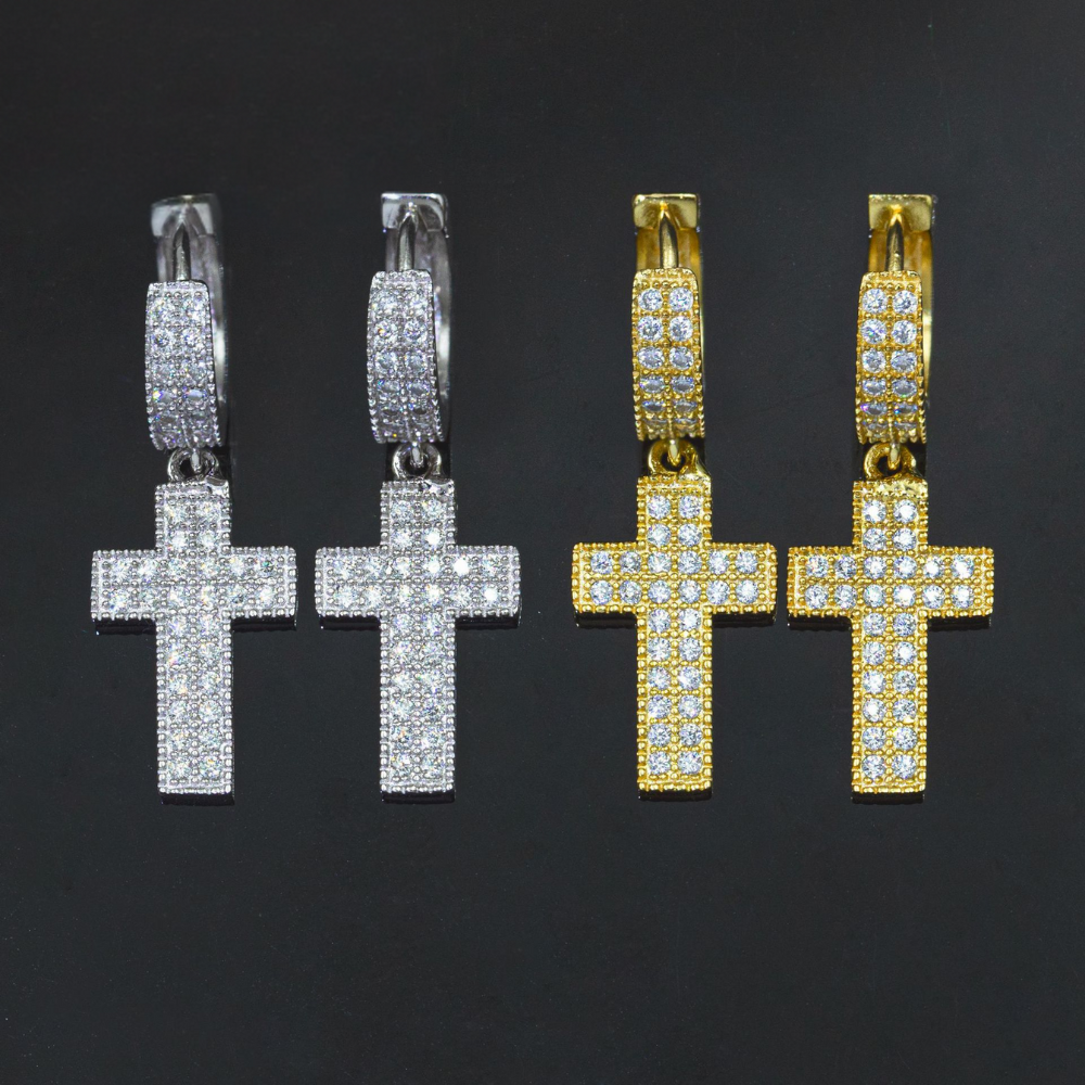 7/11 ICE Silver Moissanite VVS Cross Eardrop Earring for Men Hip Hop Jewelry