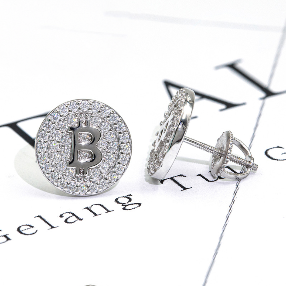 7/11 ICE Silver Moissanite VVS Bitcoin Stud Earring for Men Hip Hop Jewelry