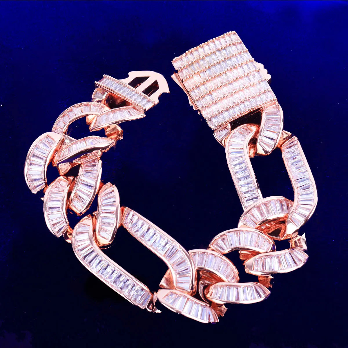 7/11 ICE Baguette Figaro Bracelet for Men Cuban Link Real Gold Plated Cubic Zirconia Hip Hop Jewelry