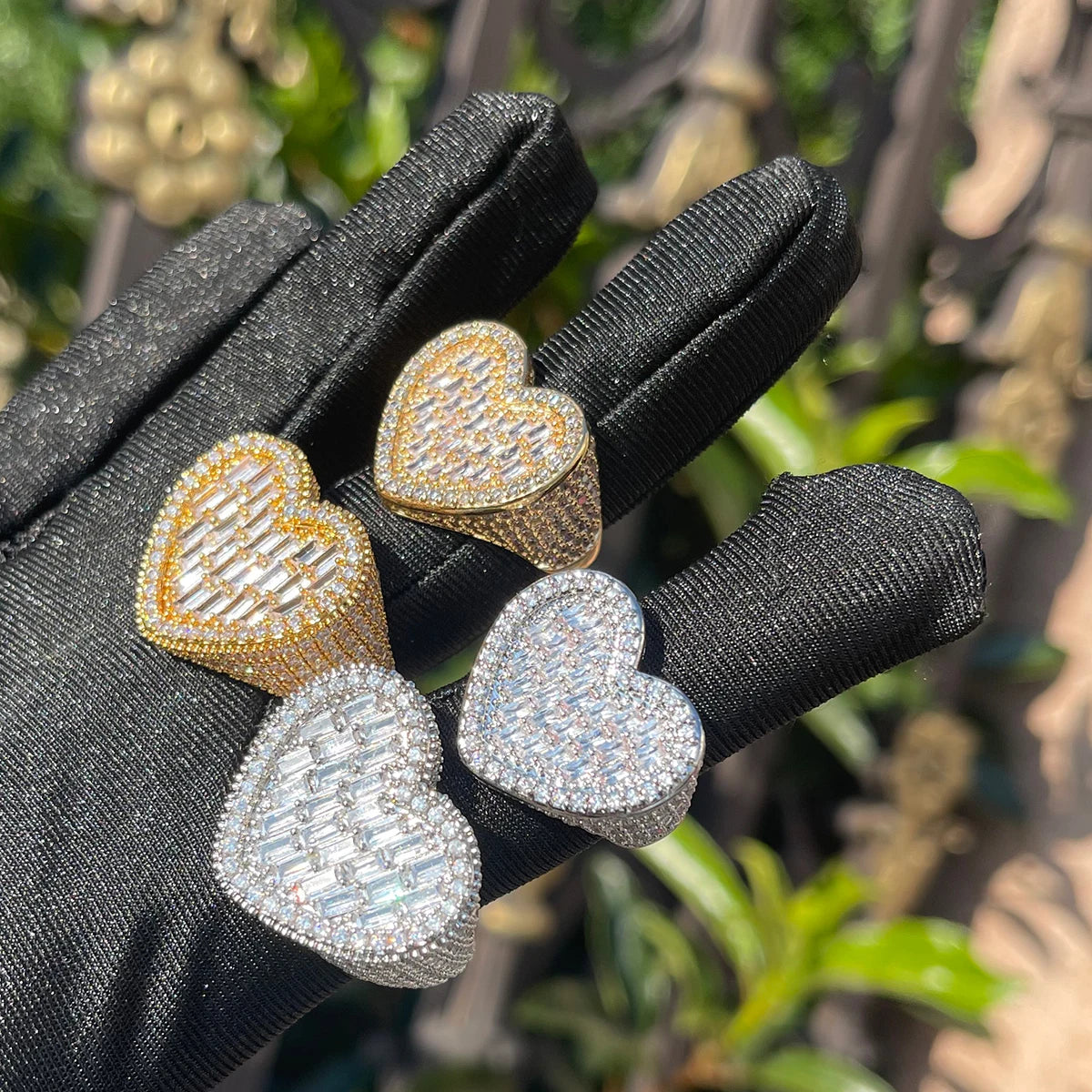 7/11 ICE Baguette Heart Ring for Women Iced Out Charms for Fingers Prong Setting Micro Pave Real Copper Hip Hop Jewelry